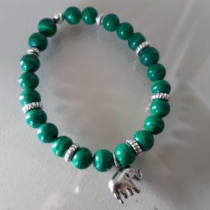 Mala élastique malachite ,éléphant inoxydable